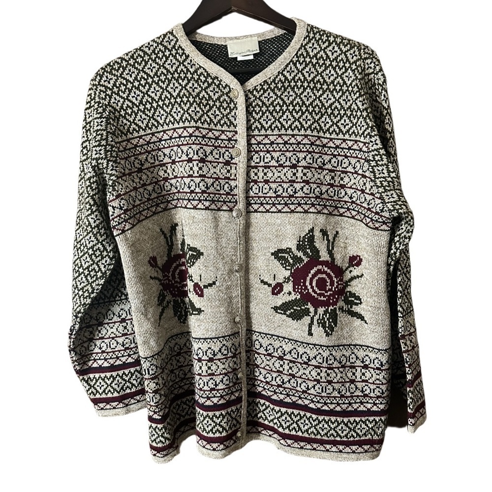 Vintage Huntington Ridge Elegant Rose Floral Knit Women's Button Cardigan Sz L
